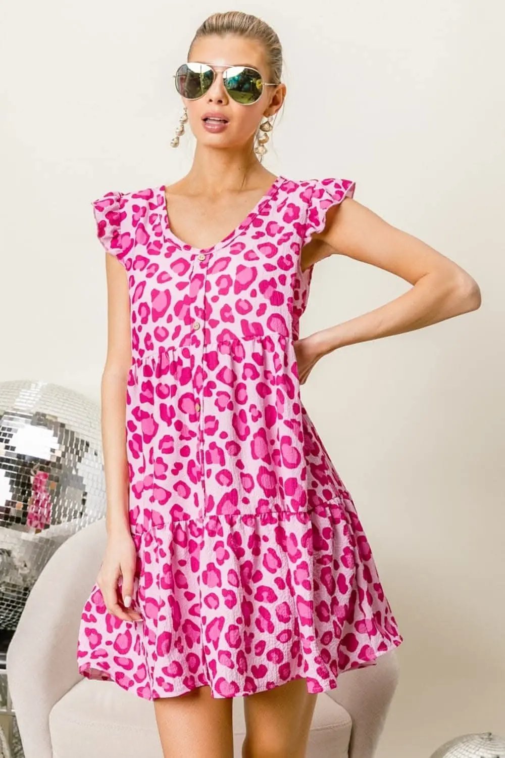 BiBi Leopard Cap Sleeve Tiered Mini Dress for Wild Style - Love Salve